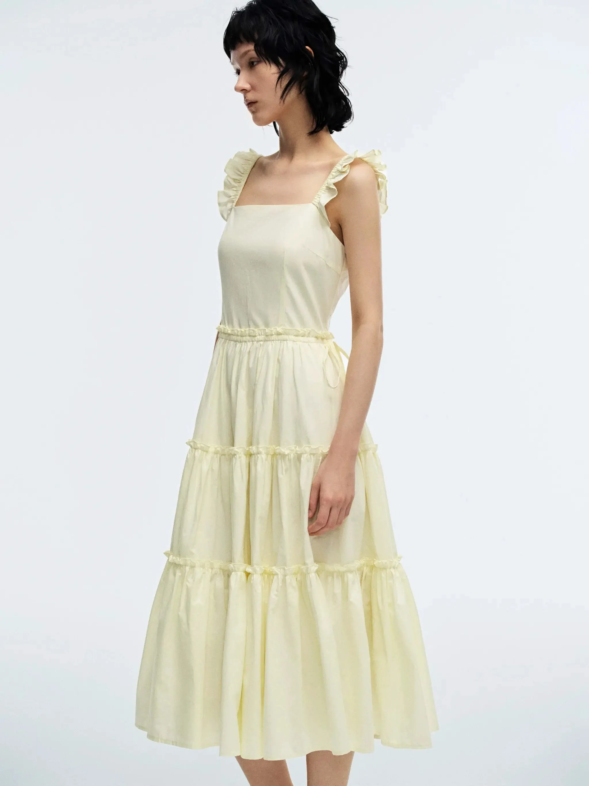 11309-ruffle-detail-shirred-a-line-midi-dresses-for-elegant-look-2.webp Ruffle Detail Shirred A-Line Midi Dresses For Elegant Look