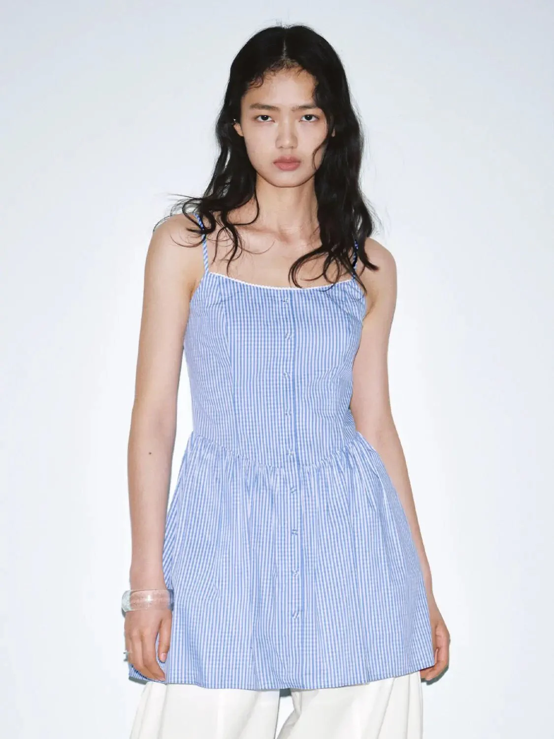 Contrast Striped Strappy Button Detail A-Line Mini Dresses