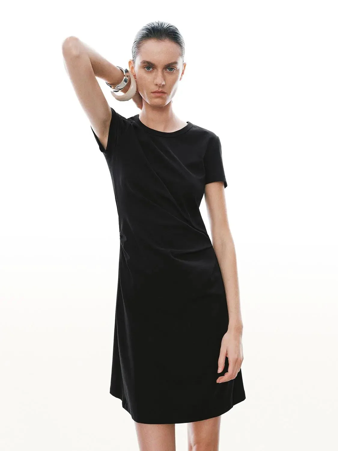 Draped Short Sleeve A-Line Crepe Midi Dresses