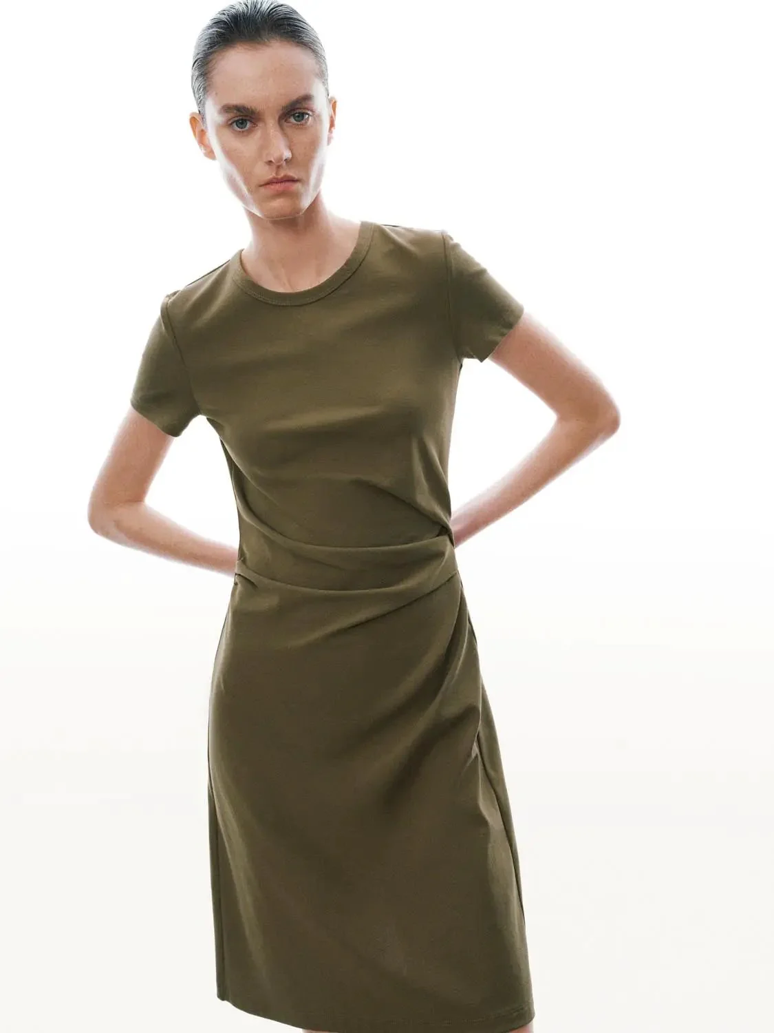 Draped Short Sleeve A-Line Crepe Midi Dresses