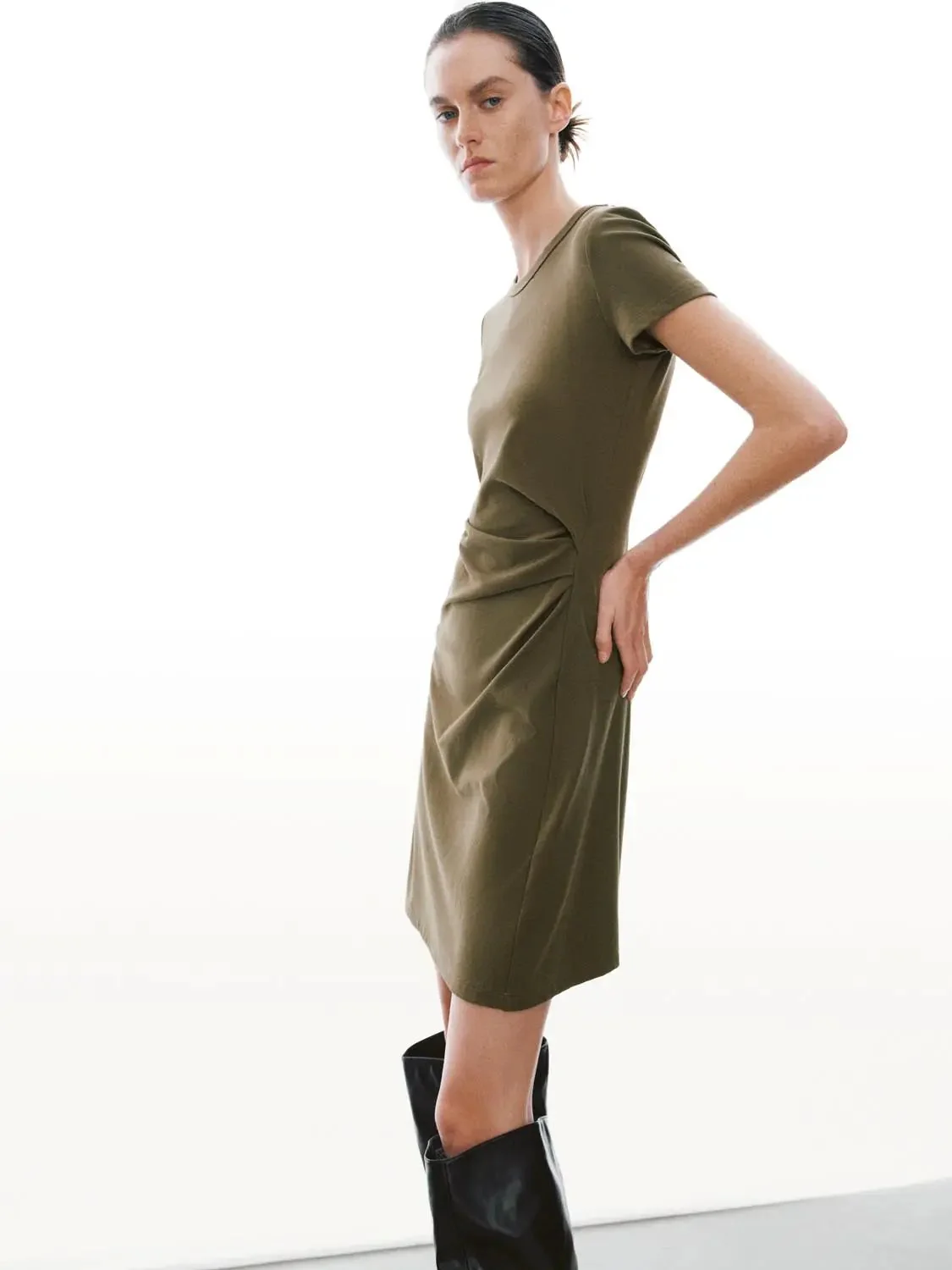 Draped Short Sleeve A-Line Crepe Midi Dresses
