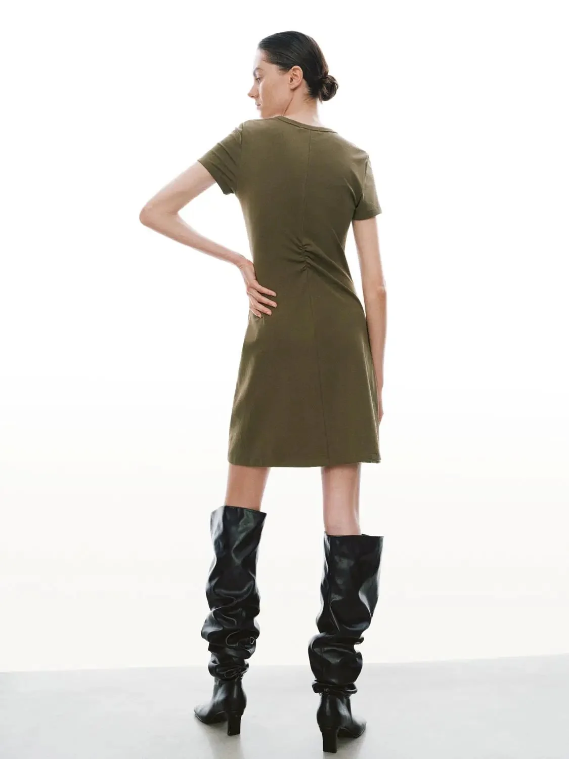 Draped Short Sleeve A-Line Crepe Midi Dresses