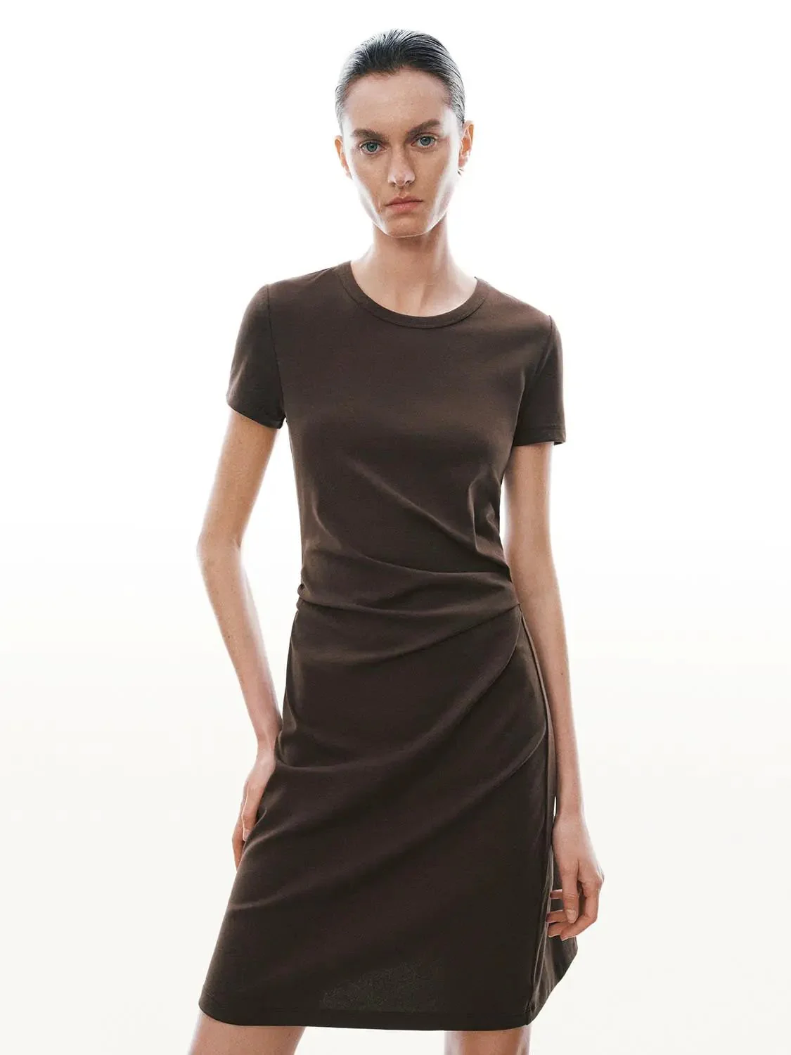 Draped Short Sleeve A-Line Crepe Midi Dresses