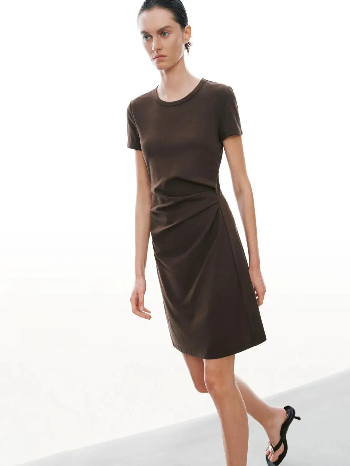 Draped Short Sleeve A-Line Crepe Midi Dresses