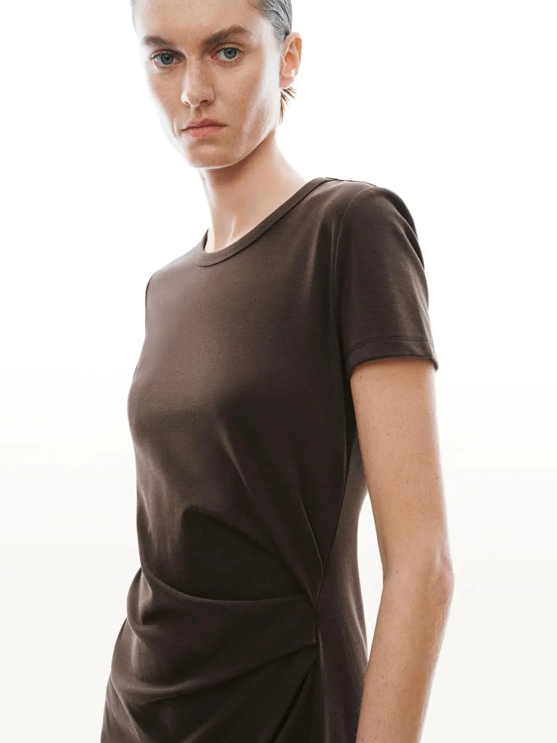 Draped Short Sleeve A-Line Crepe Midi Dresses