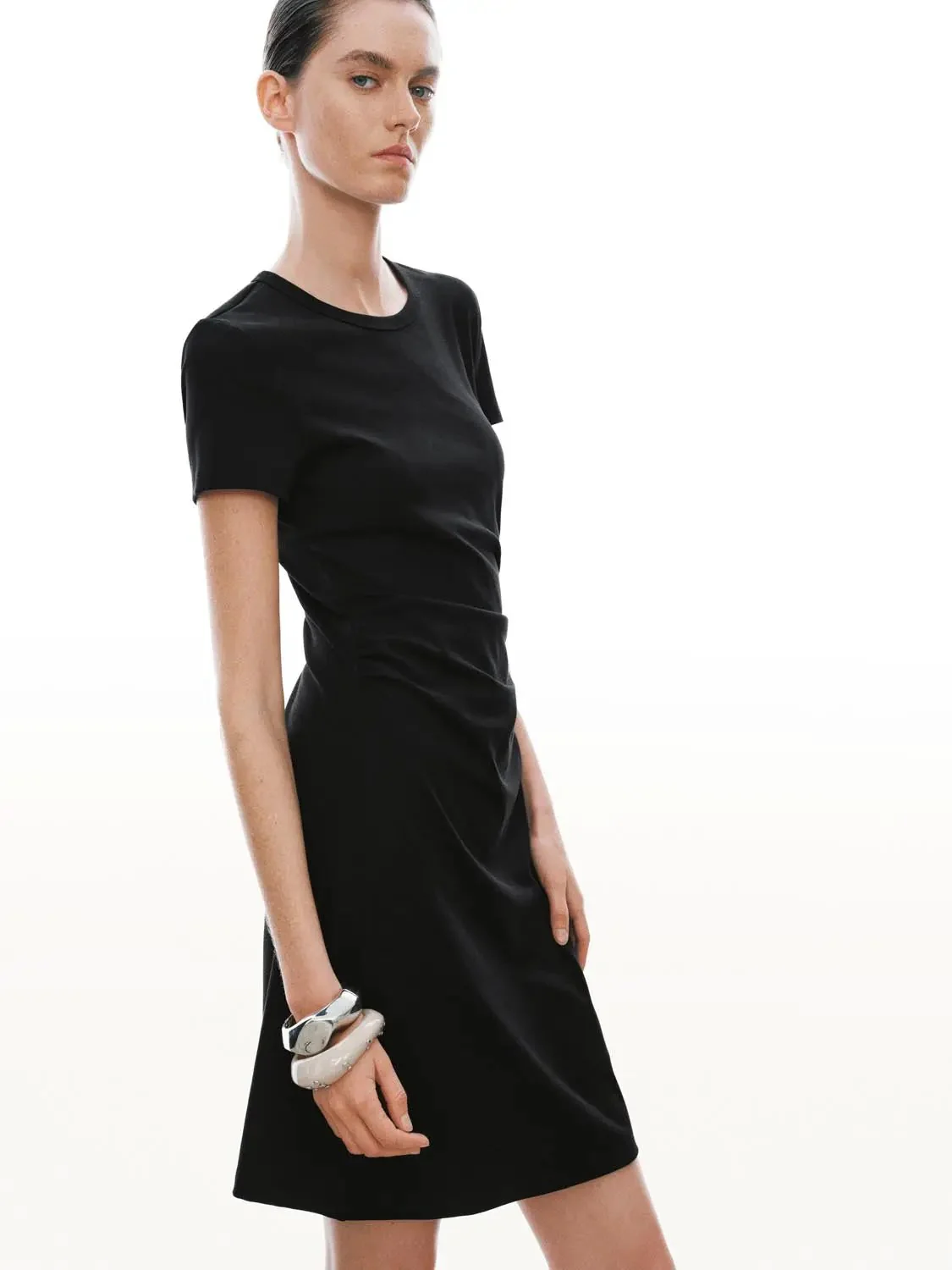 Draped Short Sleeve A-Line Crepe Midi Dresses