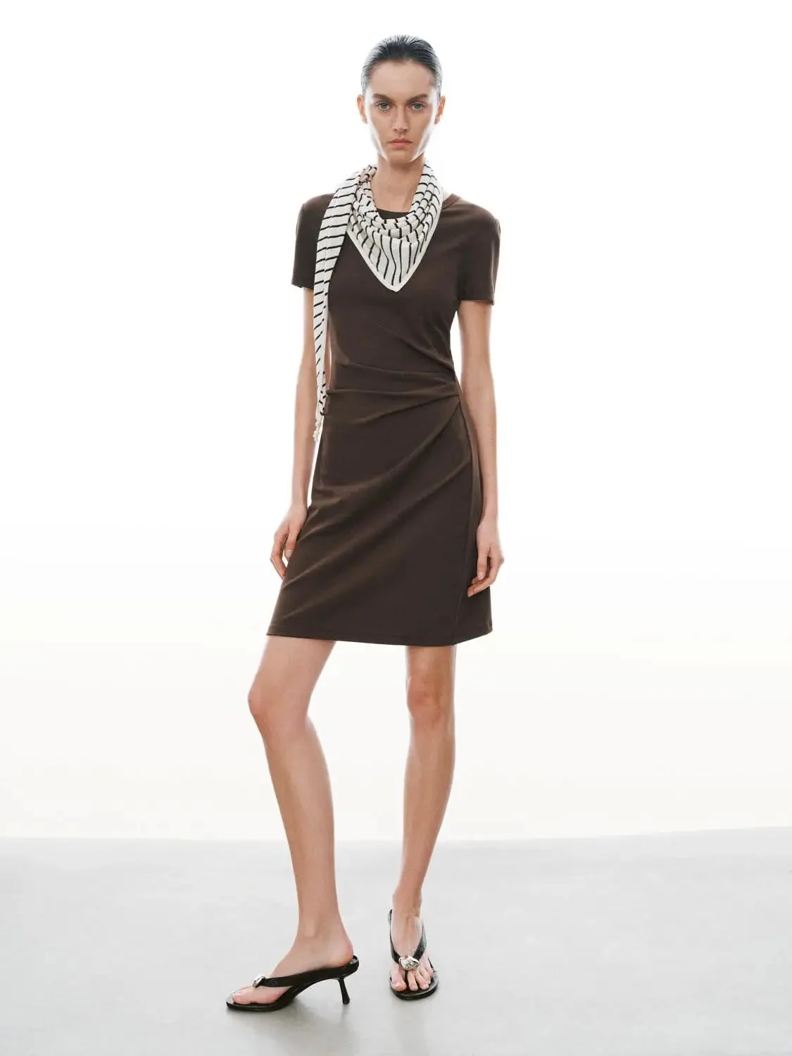 Draped Short Sleeve A-Line Crepe Midi Dresses