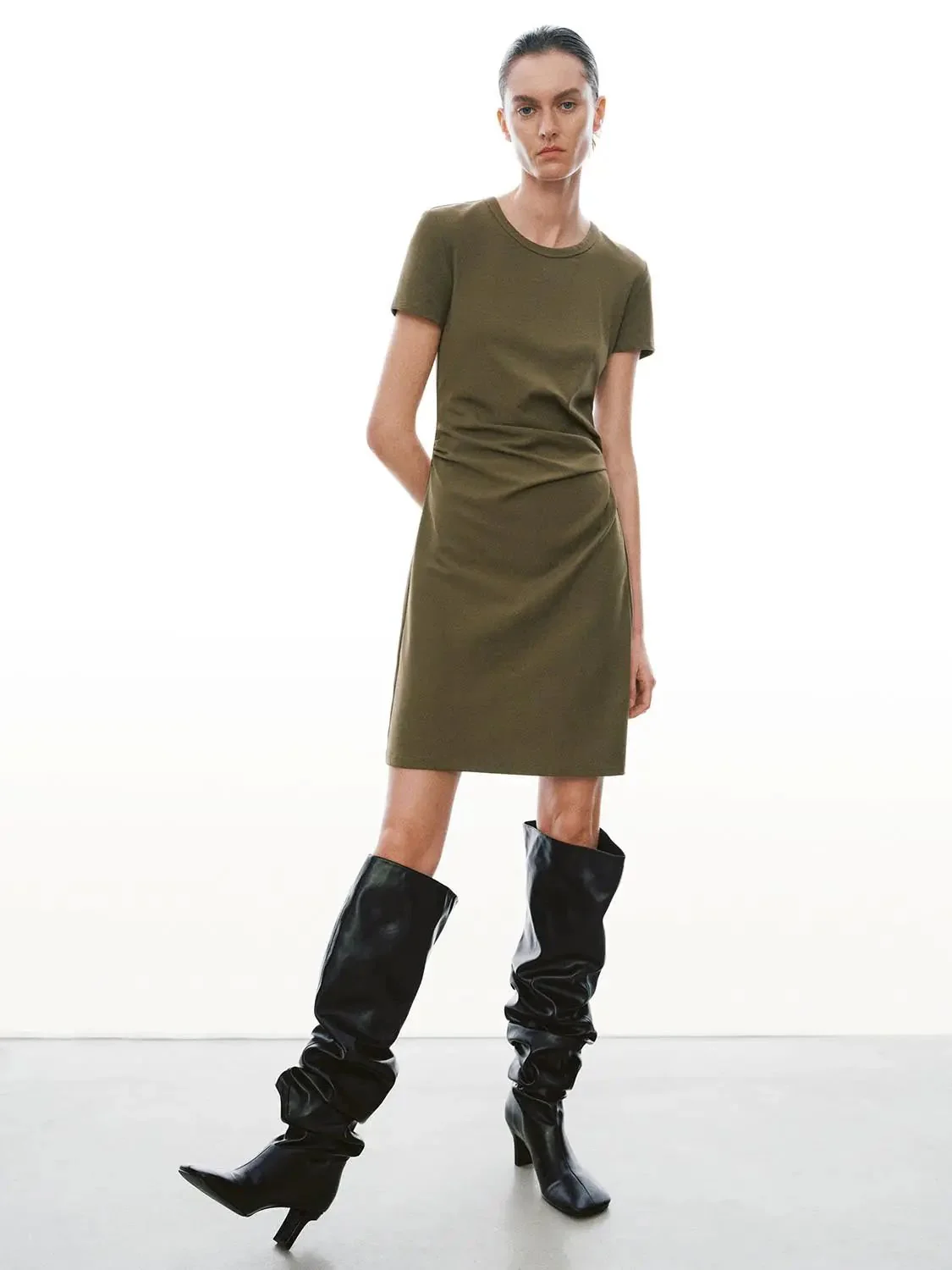 Draped Short Sleeve A-Line Crepe Midi Dresses