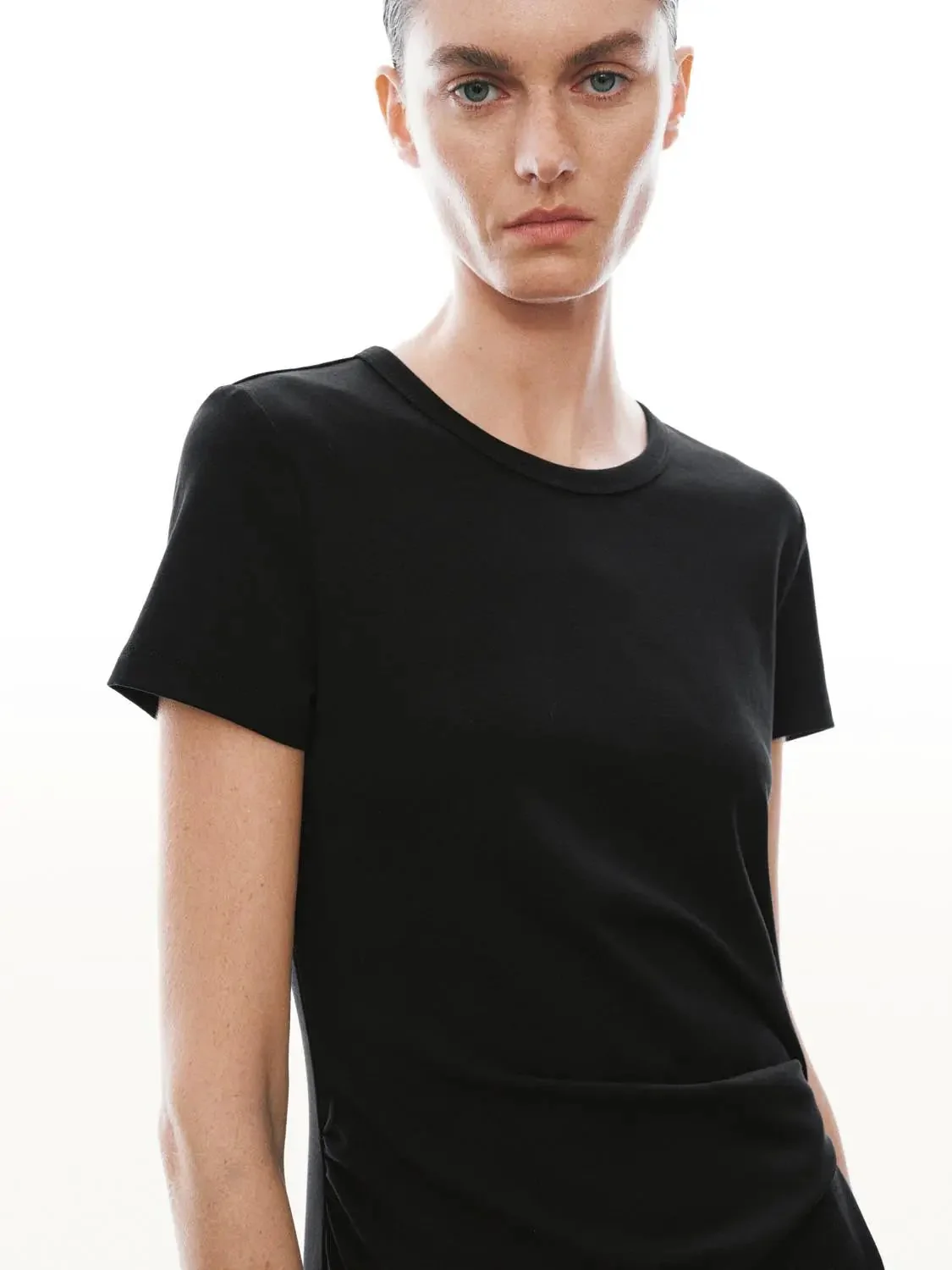 Draped Short Sleeve A-Line Crepe Midi Dresses