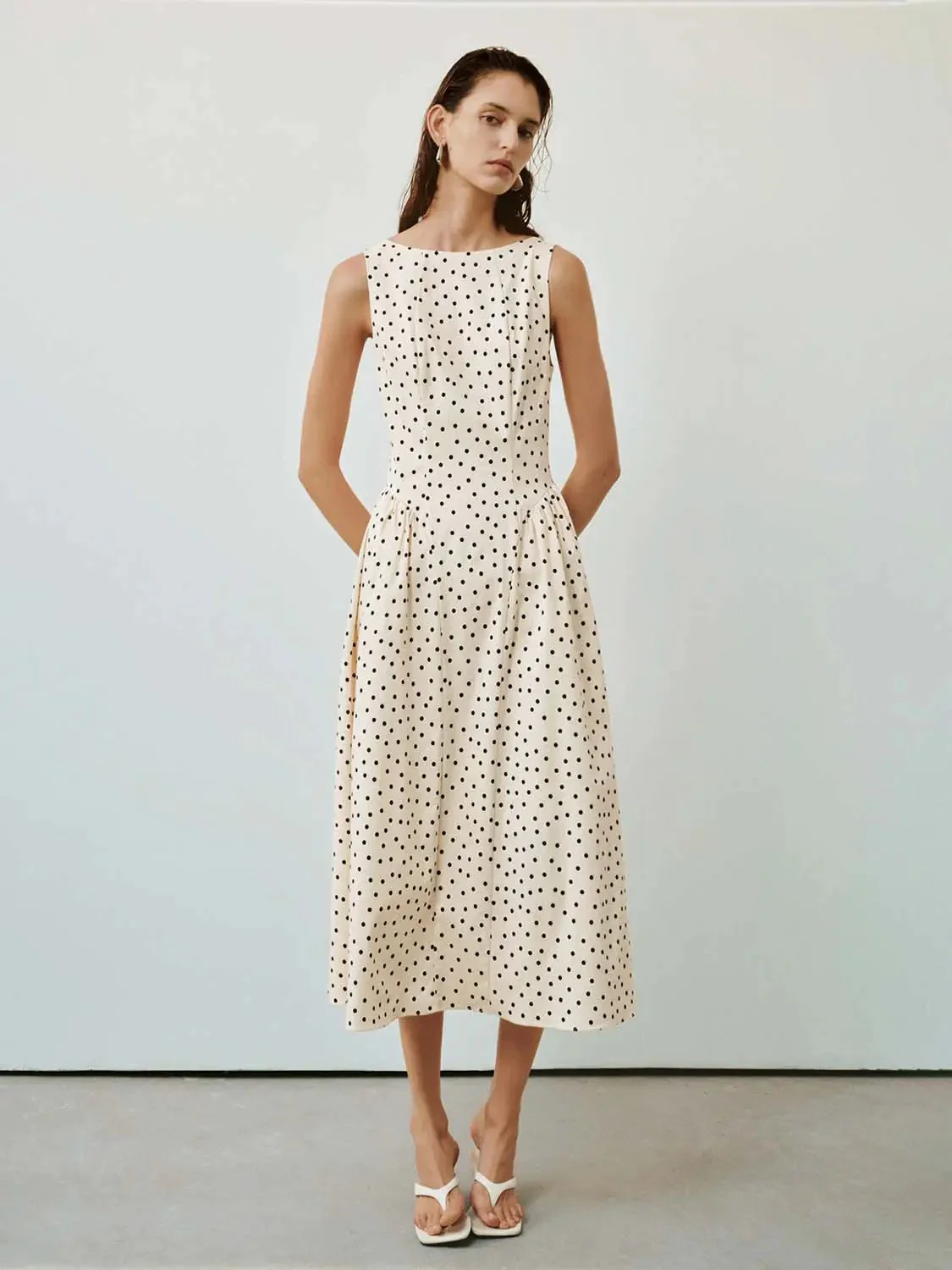 Polka Dot Viscose Blend A-Line Midi Dress