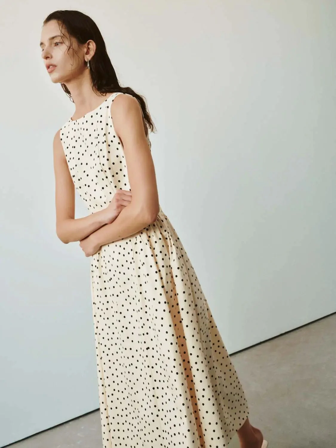 Polka Dot Viscose Blend A-Line Midi Dress