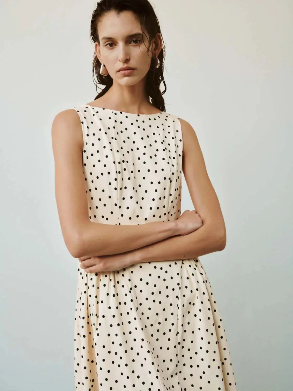 Polka Dot Viscose Blend A-Line Midi Dress