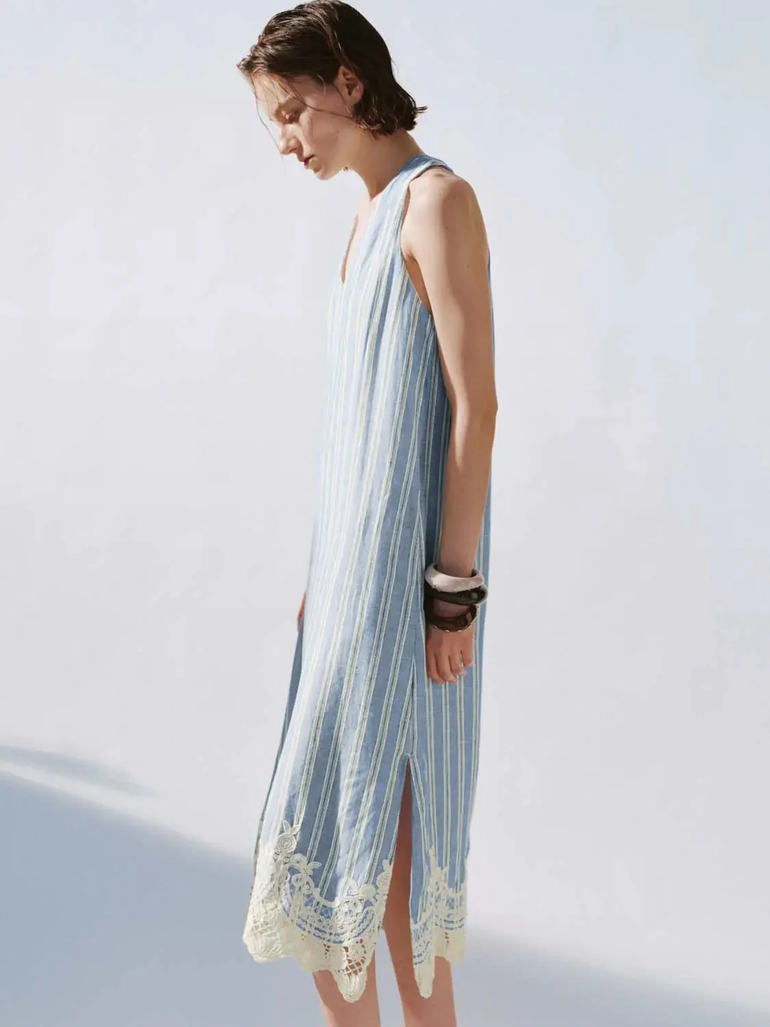 Striped Viscose Linen V-Neck Sleeveless Lace Maxi Dresses