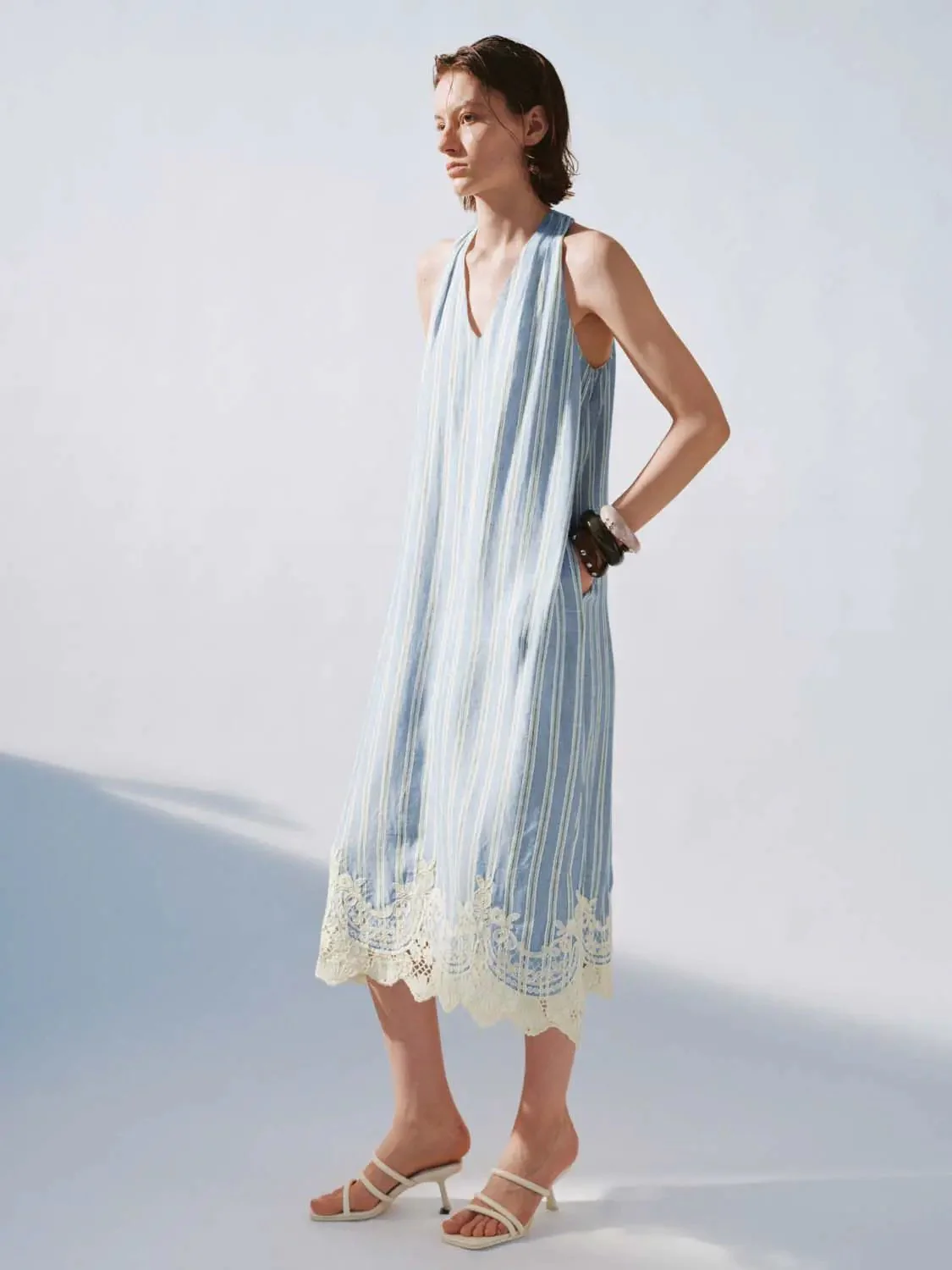 Striped Viscose Linen V-Neck Sleeveless Lace Maxi Dresses