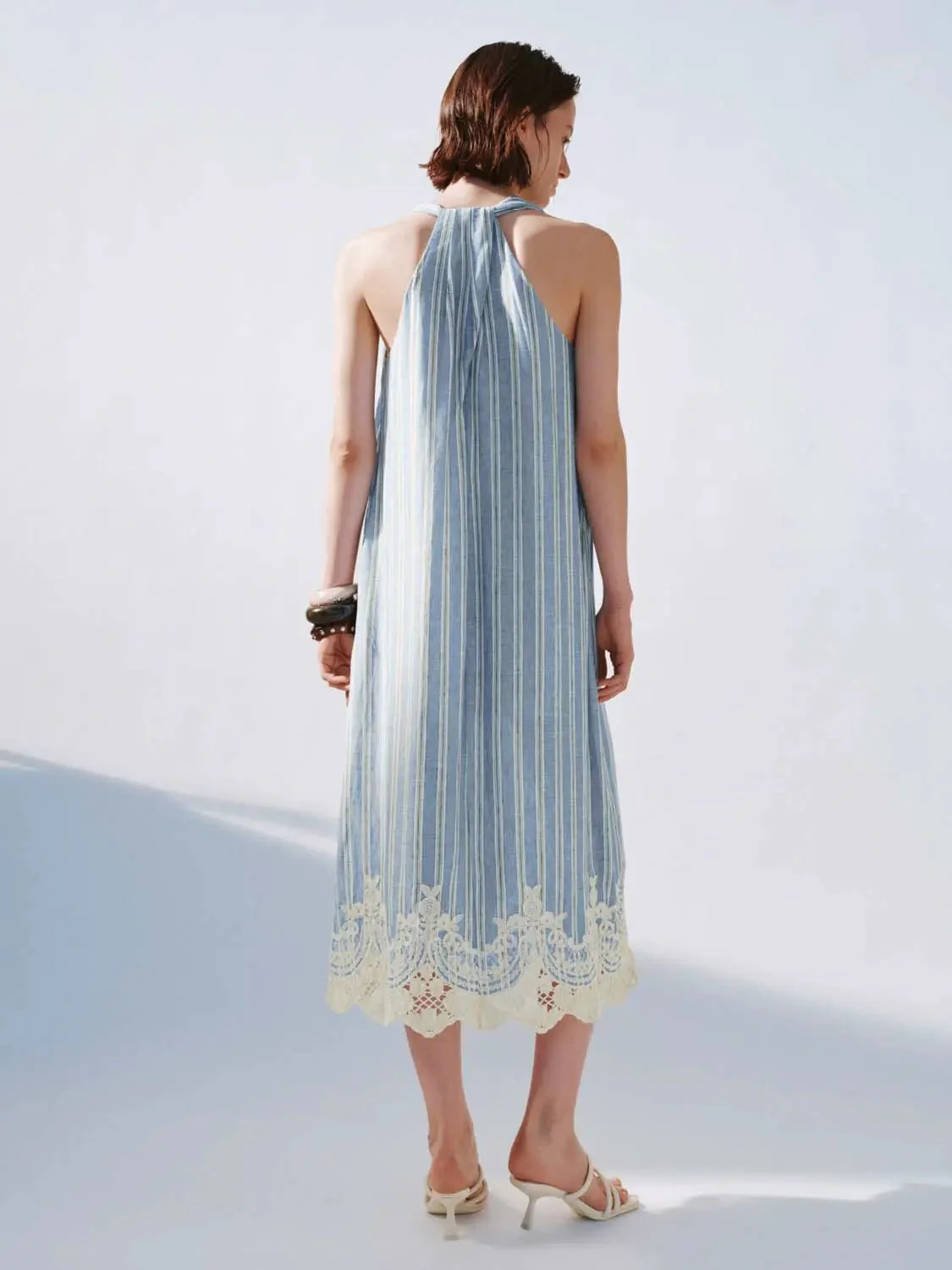 Striped Viscose Linen V-Neck Sleeveless Lace Maxi Dresses