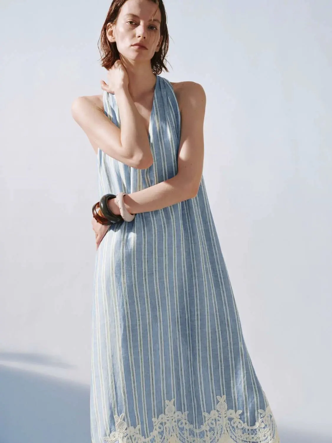 Striped Viscose Linen V-Neck Sleeveless Lace Maxi Dresses
