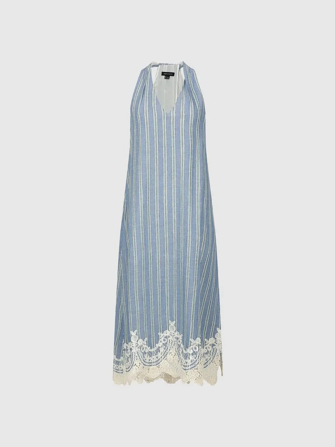 Striped Viscose Linen V-Neck Sleeveless Lace Maxi Dresses