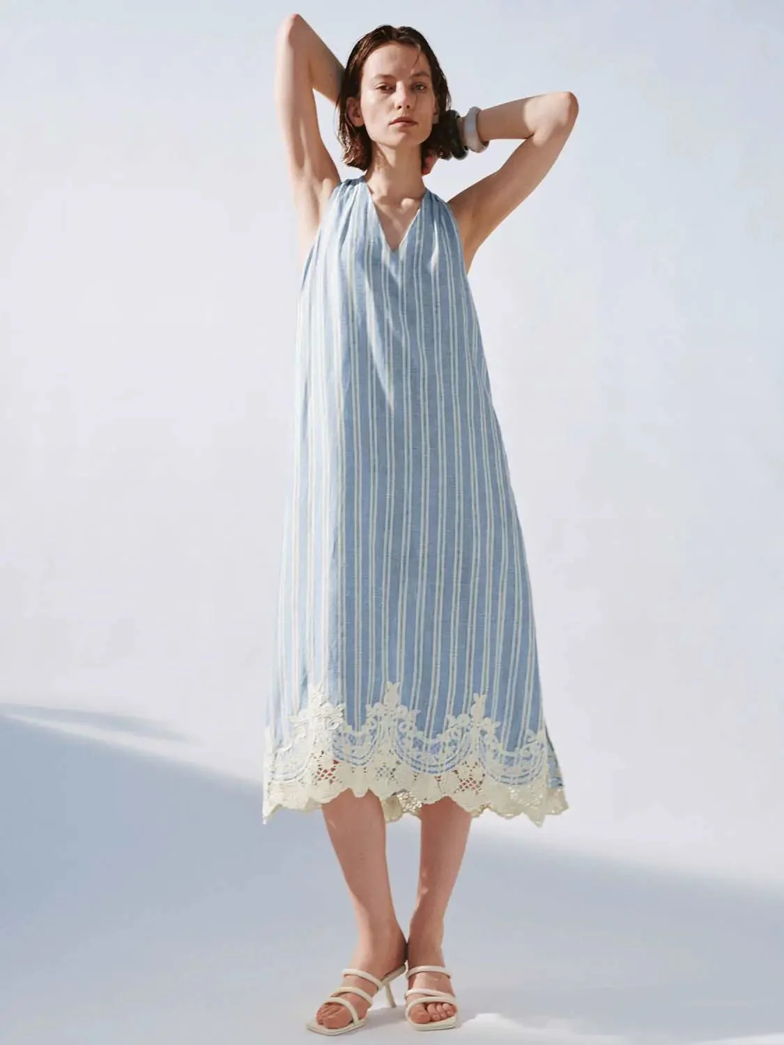 Striped Viscose Linen V-Neck Sleeveless Lace Maxi Dresses