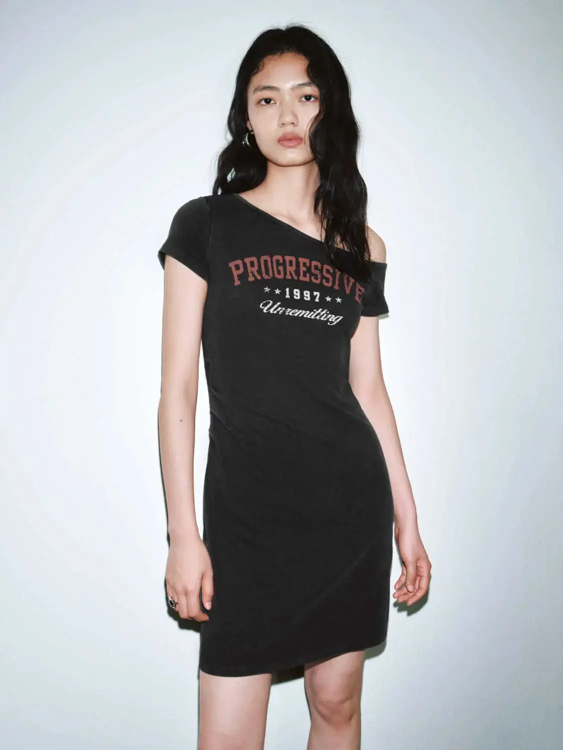 One Shoulder Printed Ruched Cotton A Line Mini Dresses
