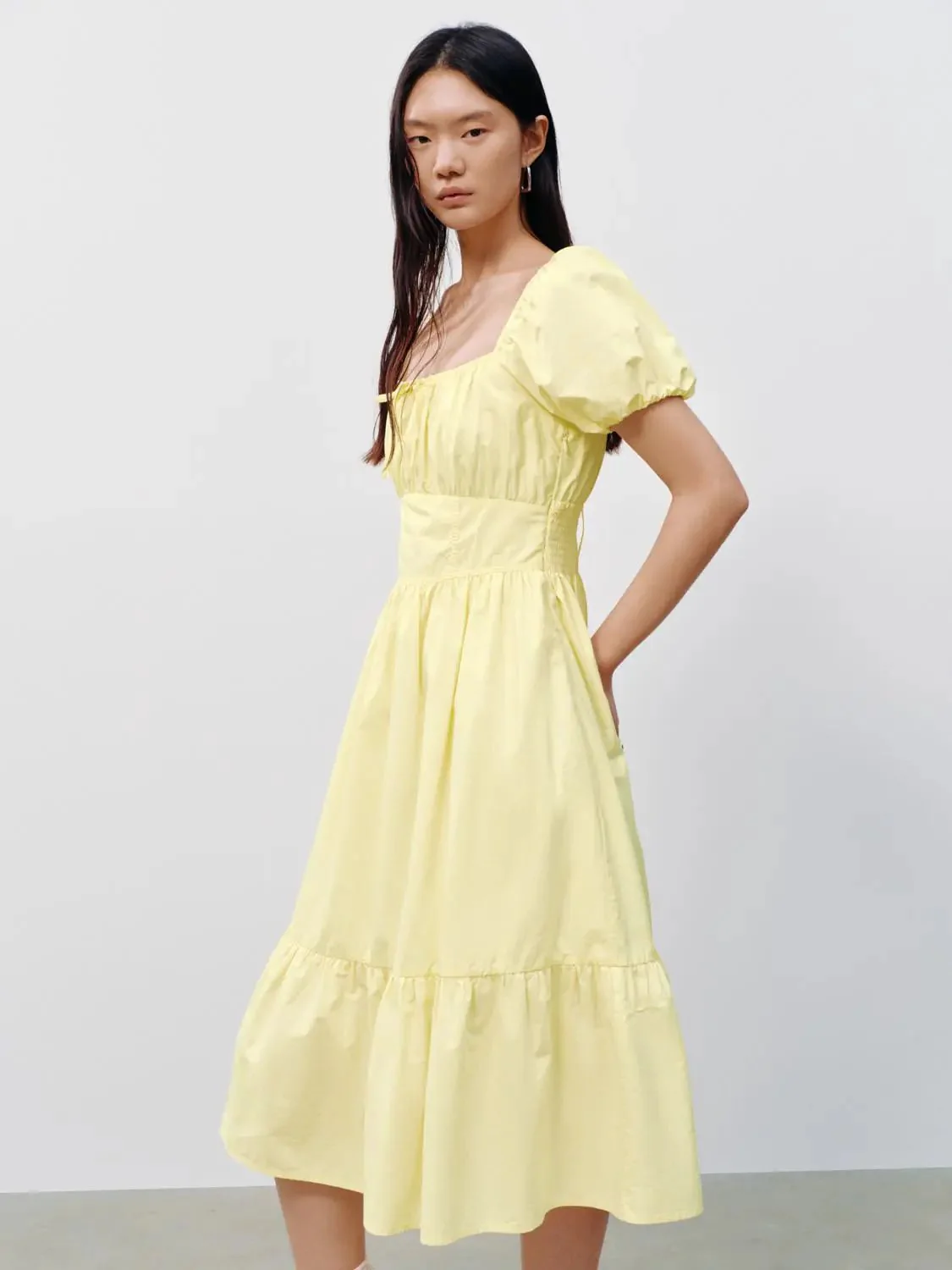 Cotton Square Neck Puff Short Sleeve A Line Dresses