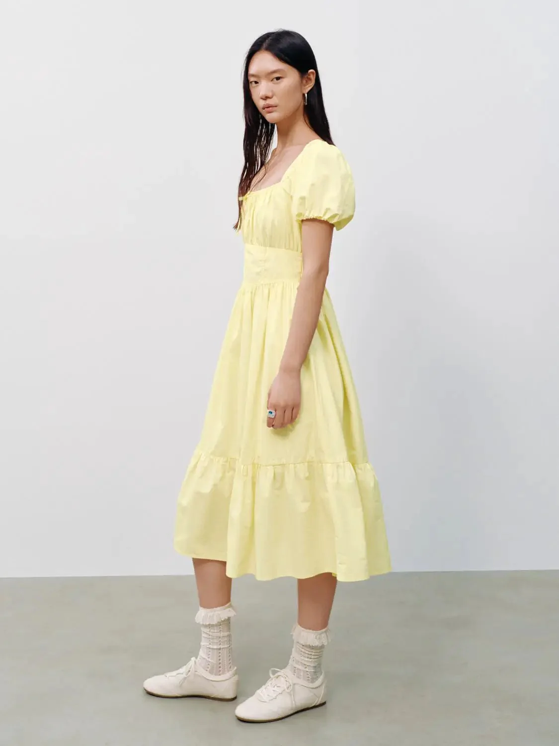 Cotton Square Neck Puff Short Sleeve A Line Dresses