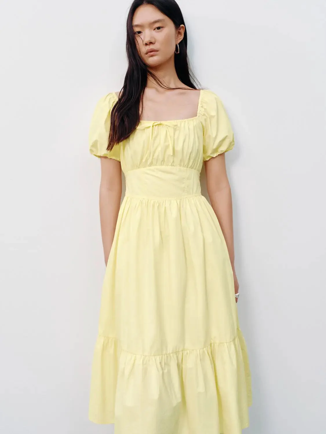 Cotton Square Neck Puff Short Sleeve A Line Dresses