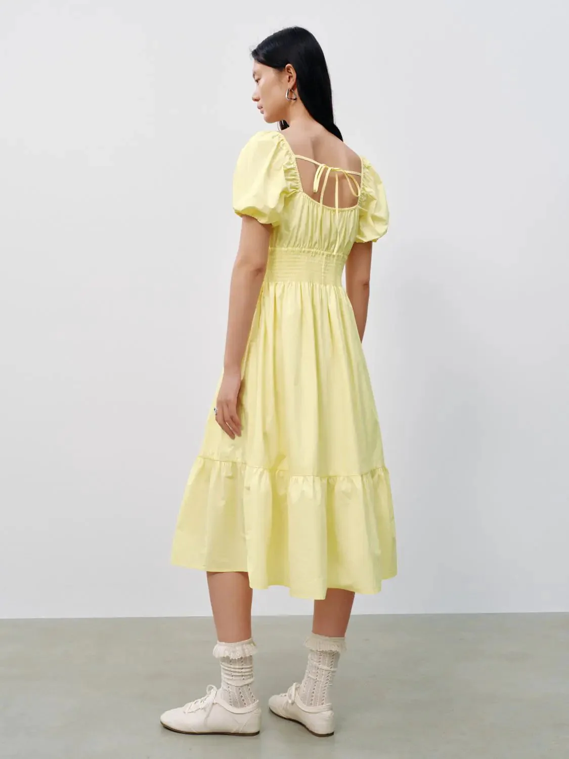 Cotton Square Neck Puff Short Sleeve A Line Dresses