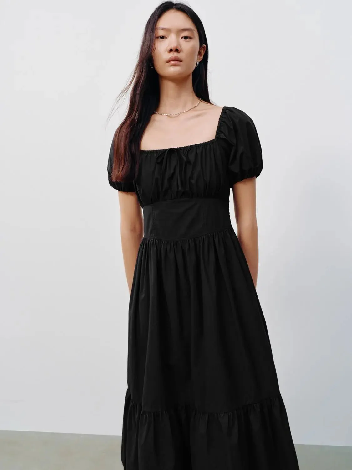 Cotton Square Neck Puff Short Sleeve A Line Dresses