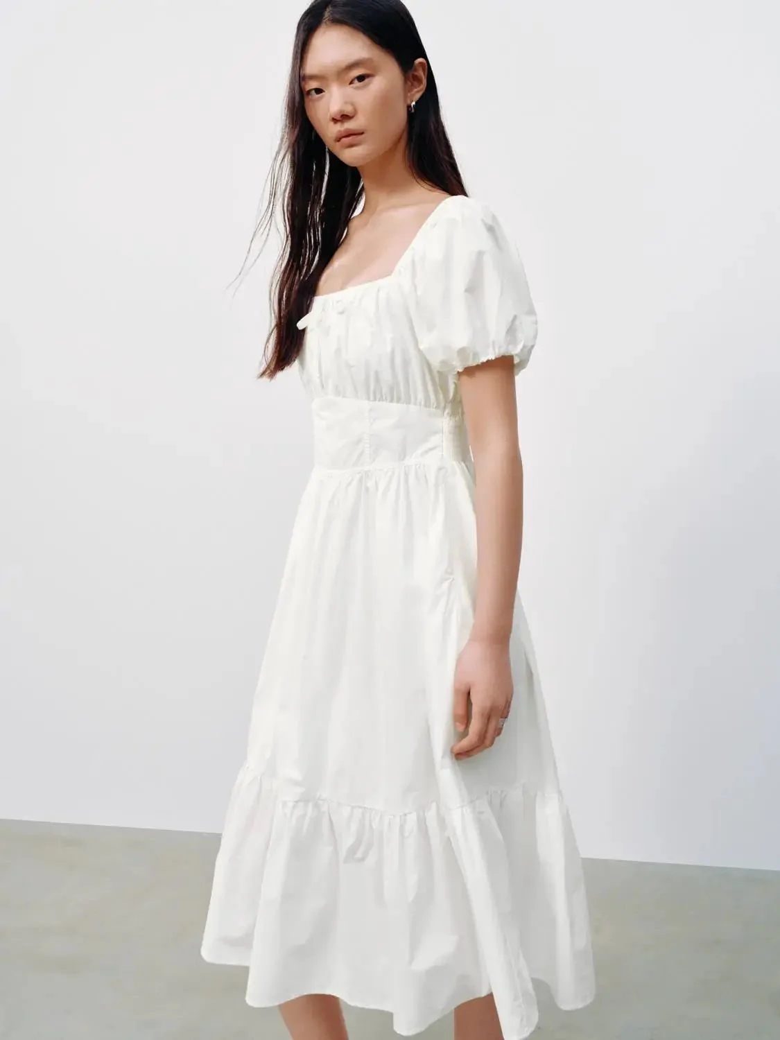 Cotton Square Neck Puff Short Sleeve A Line Dresses