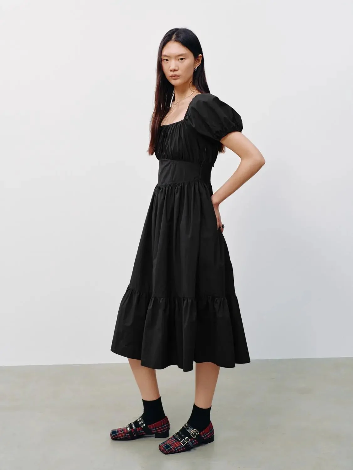 Cotton Square Neck Puff Short Sleeve A Line Dresses