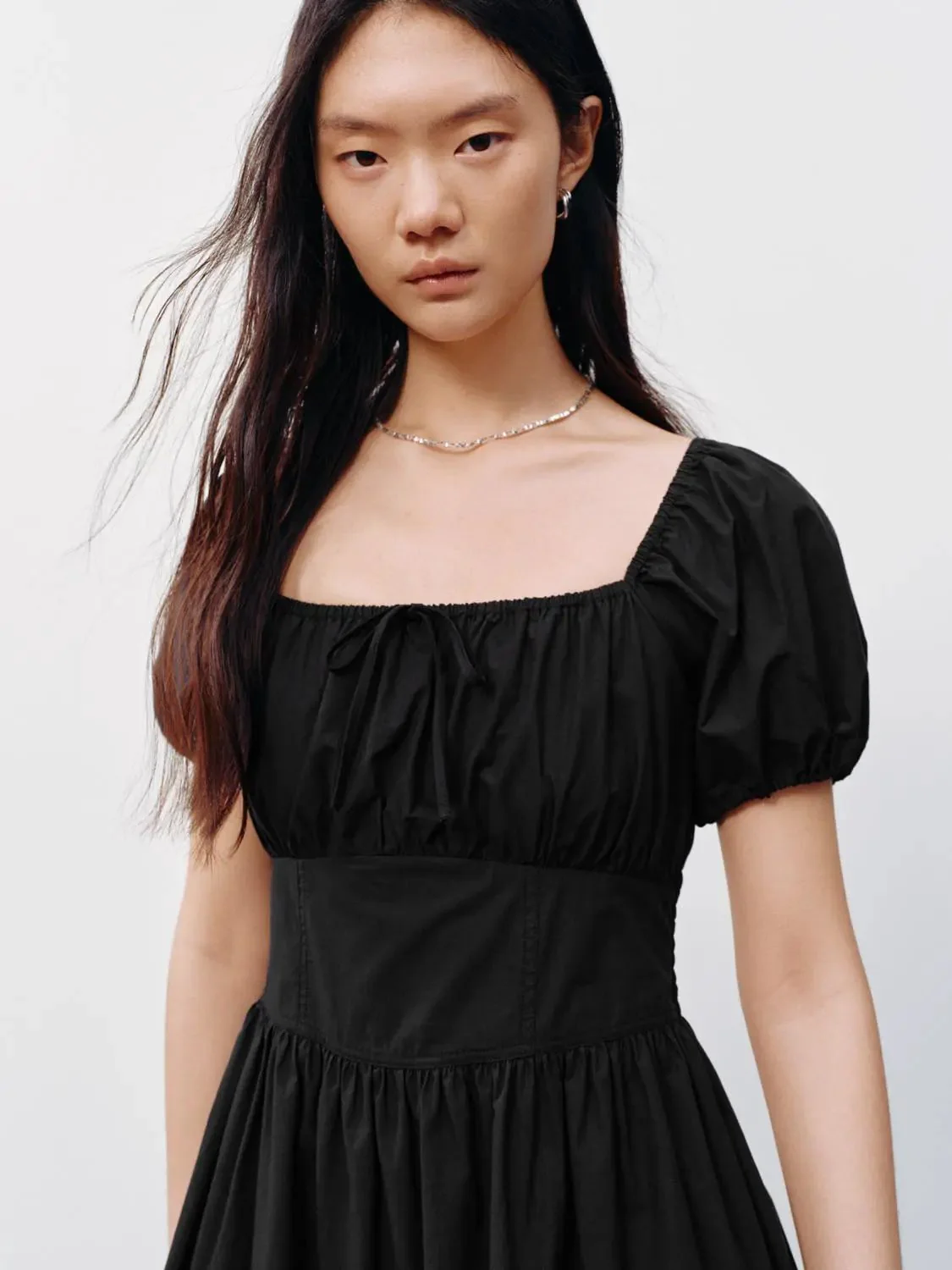 Cotton Square Neck Puff Short Sleeve A Line Dresses