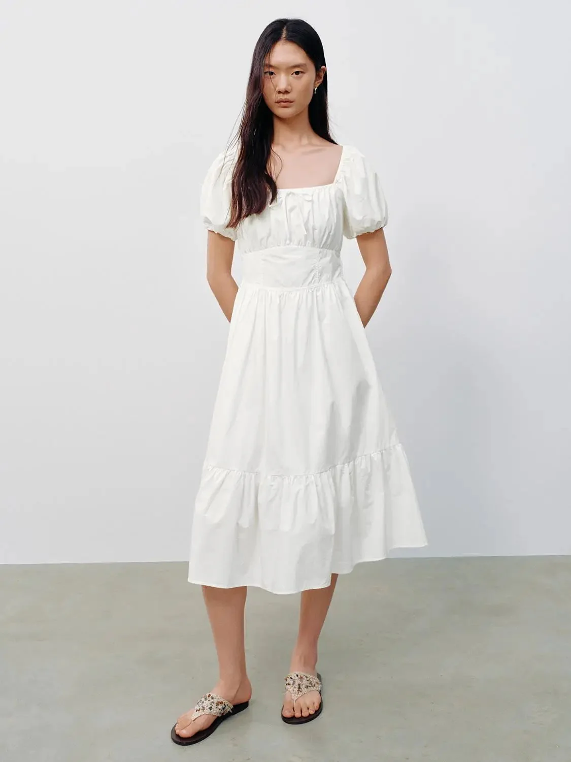 Cotton Square Neck Puff Short Sleeve A Line Dresses