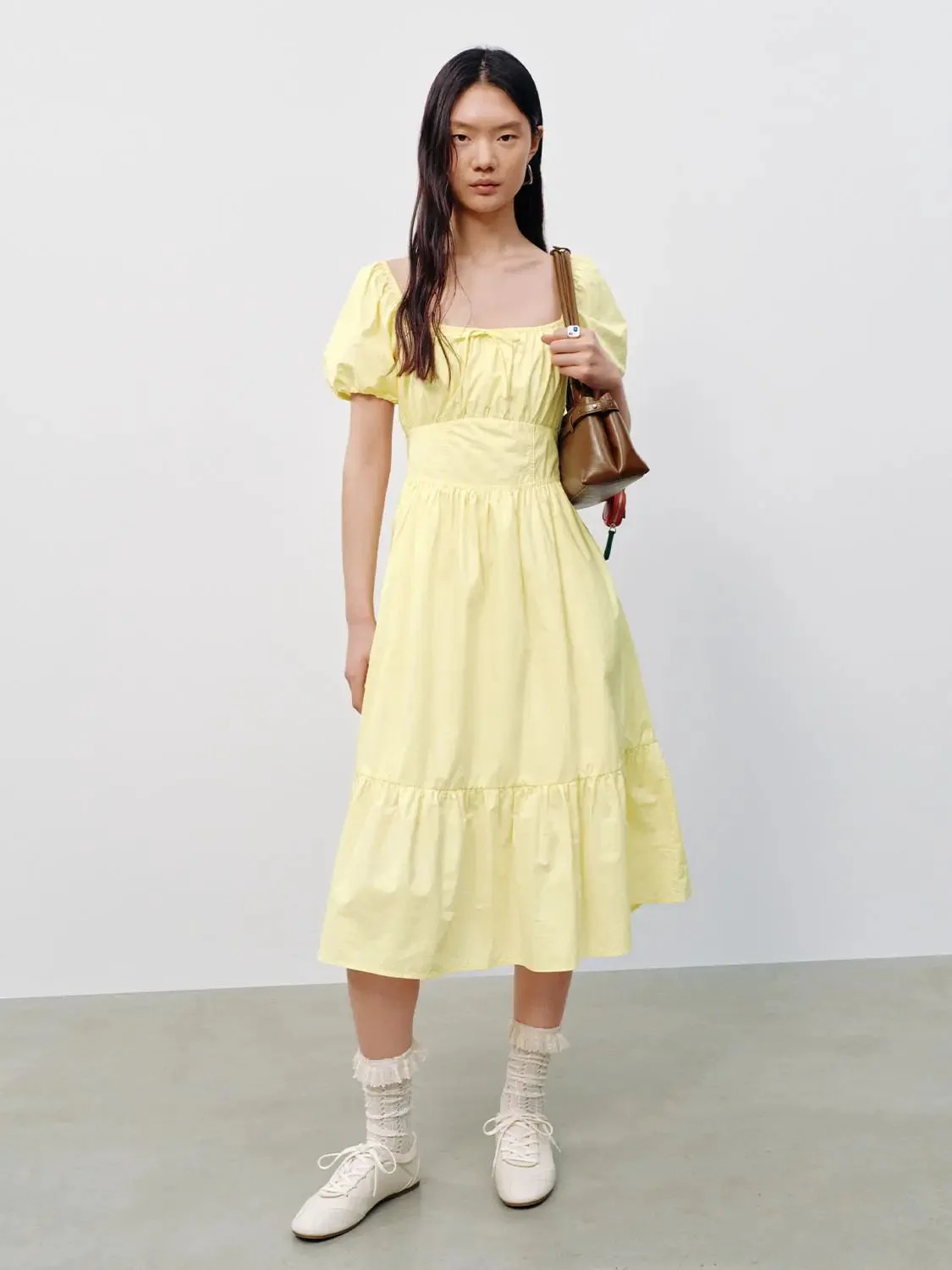 Cotton Square Neck Puff Short Sleeve A Line Dresses