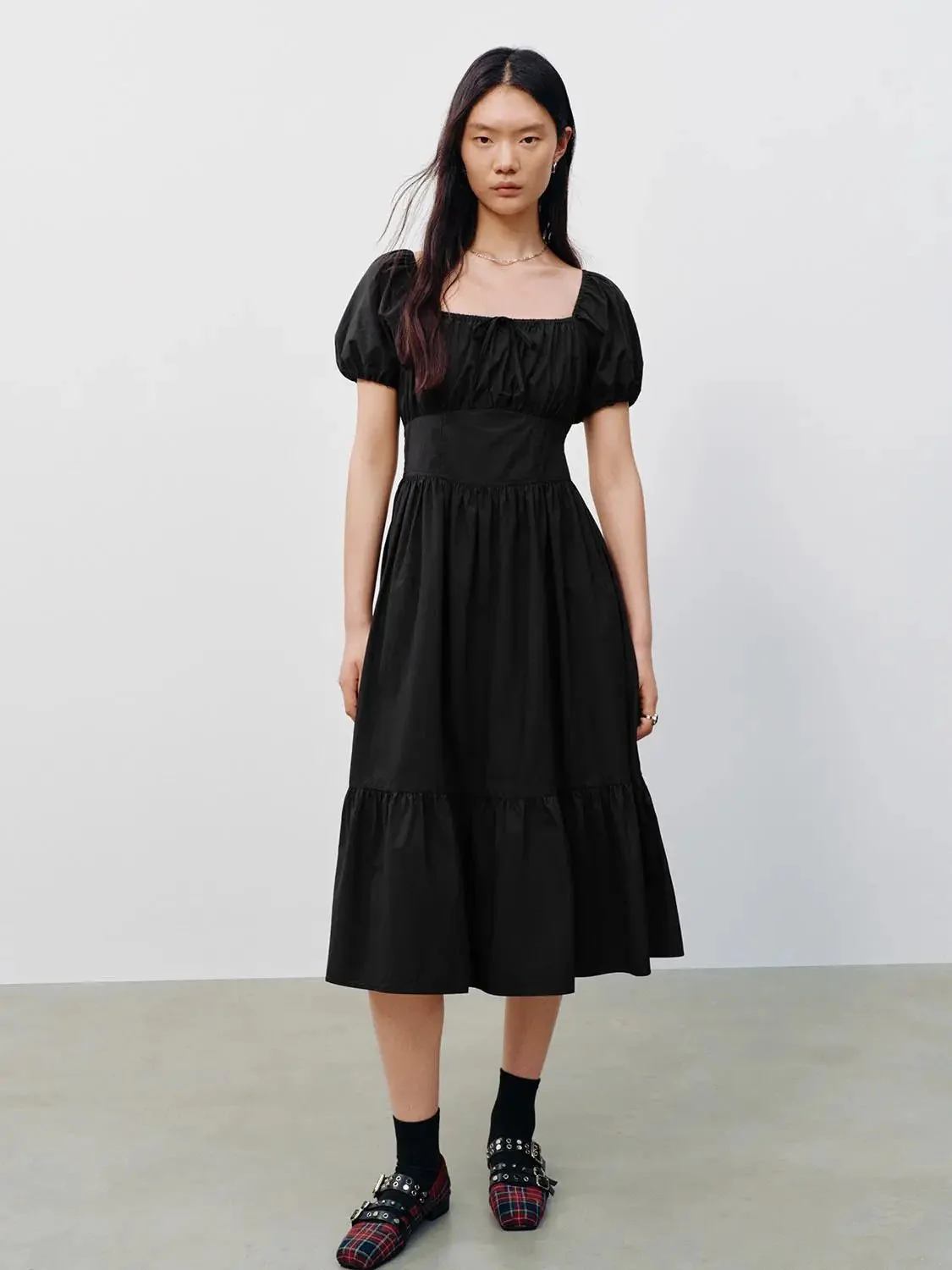 Cotton Square Neck Puff Short Sleeve A Line Dresses