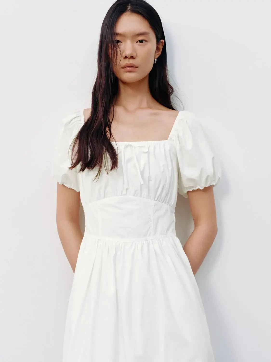 Cotton Square Neck Puff Short Sleeve A Line Dresses