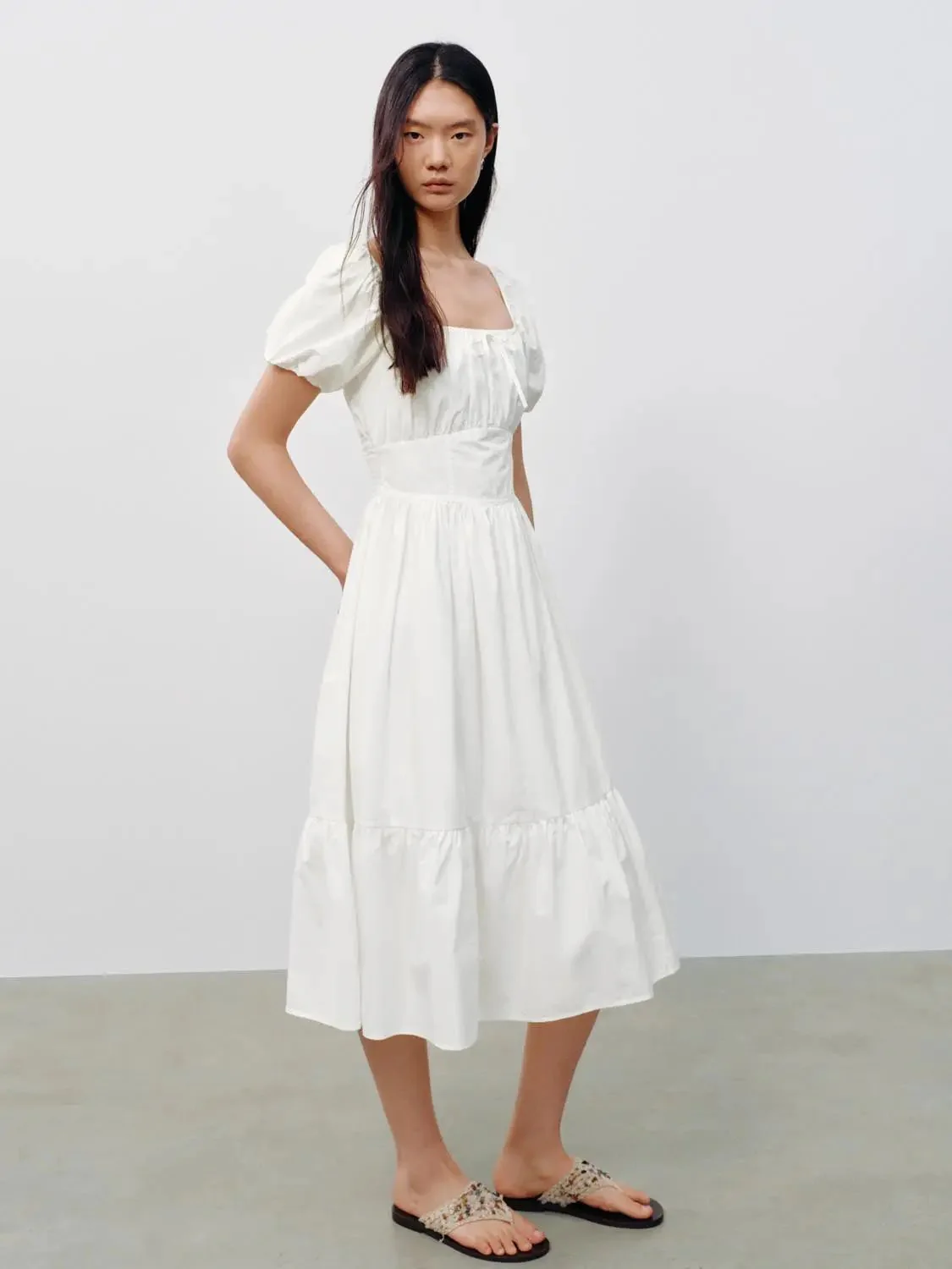 Cotton Square Neck Puff Short Sleeve A Line Dresses