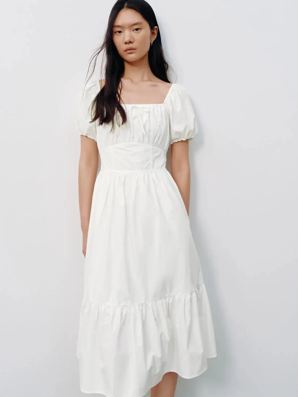 Cotton Square Neck Puff Short Sleeve A Line Dresses