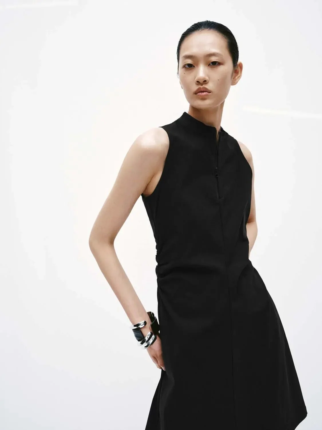 Mock Neck Half Zip Sleeveless A Line Midi Dress