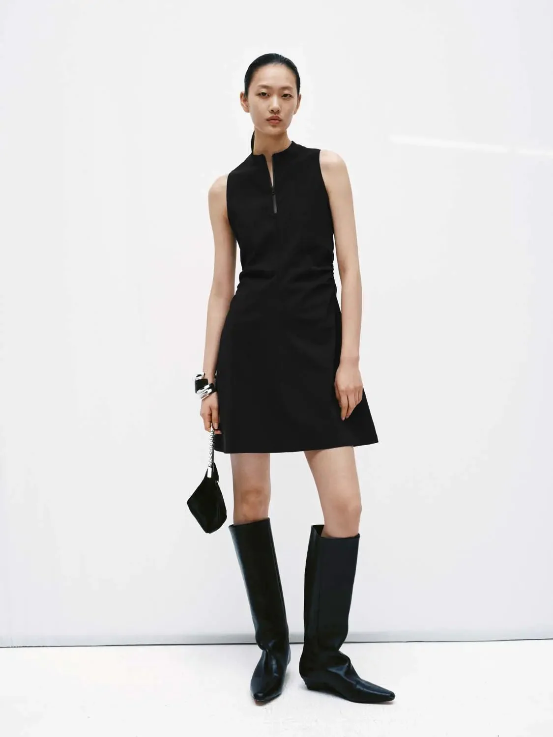 Mock Neck Half Zip Sleeveless A Line Midi Dress