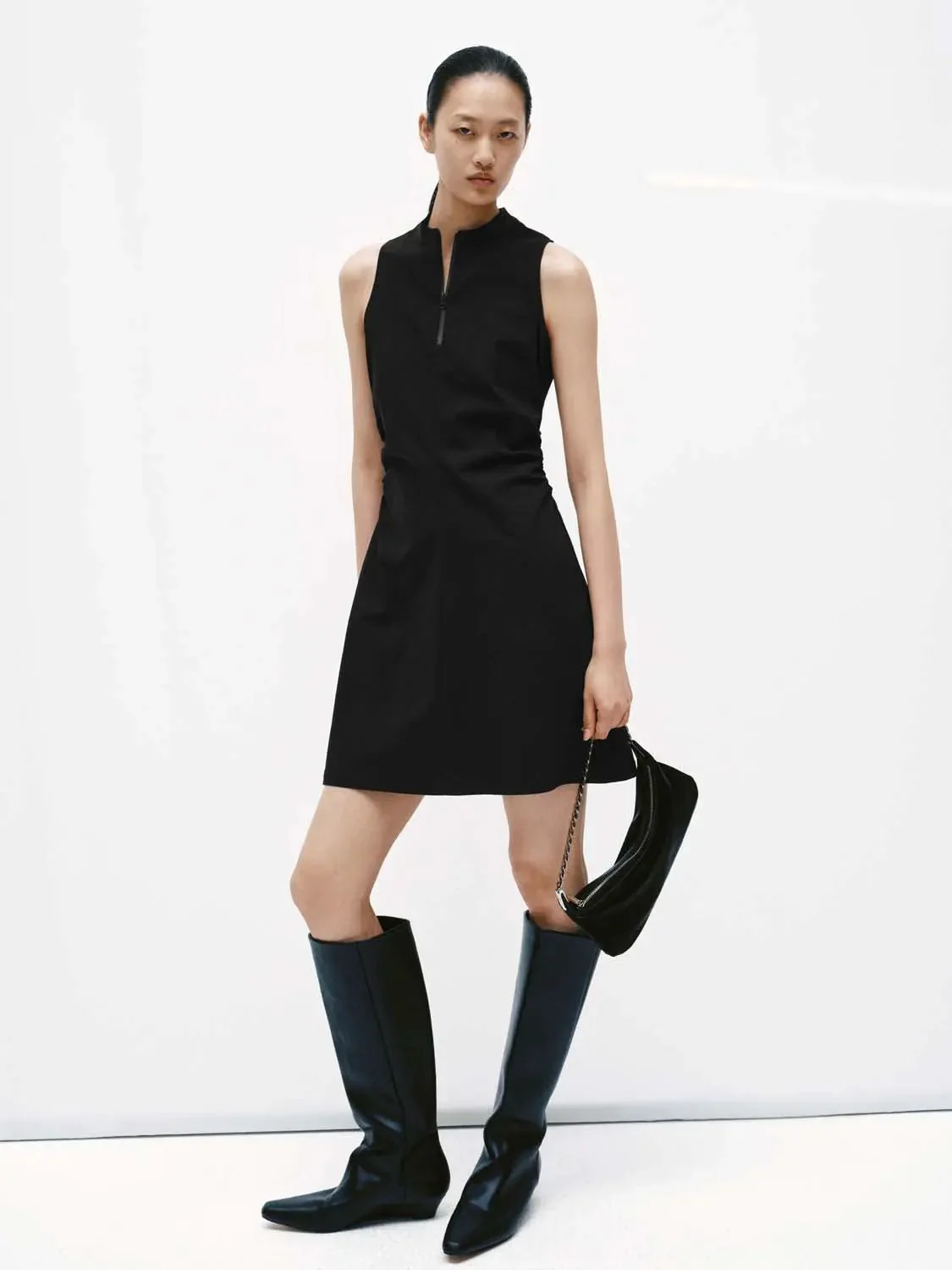 Mock Neck Half Zip Sleeveless A Line Midi Dress