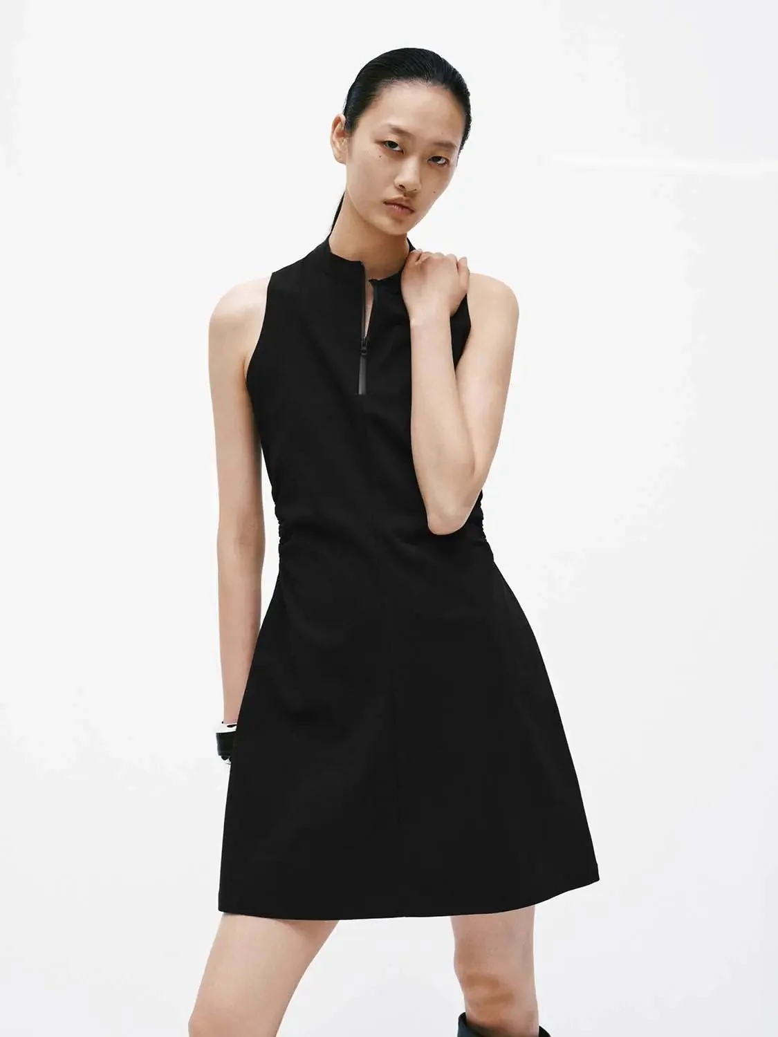 Mock Neck Half Zip Sleeveless A Line Midi Dress