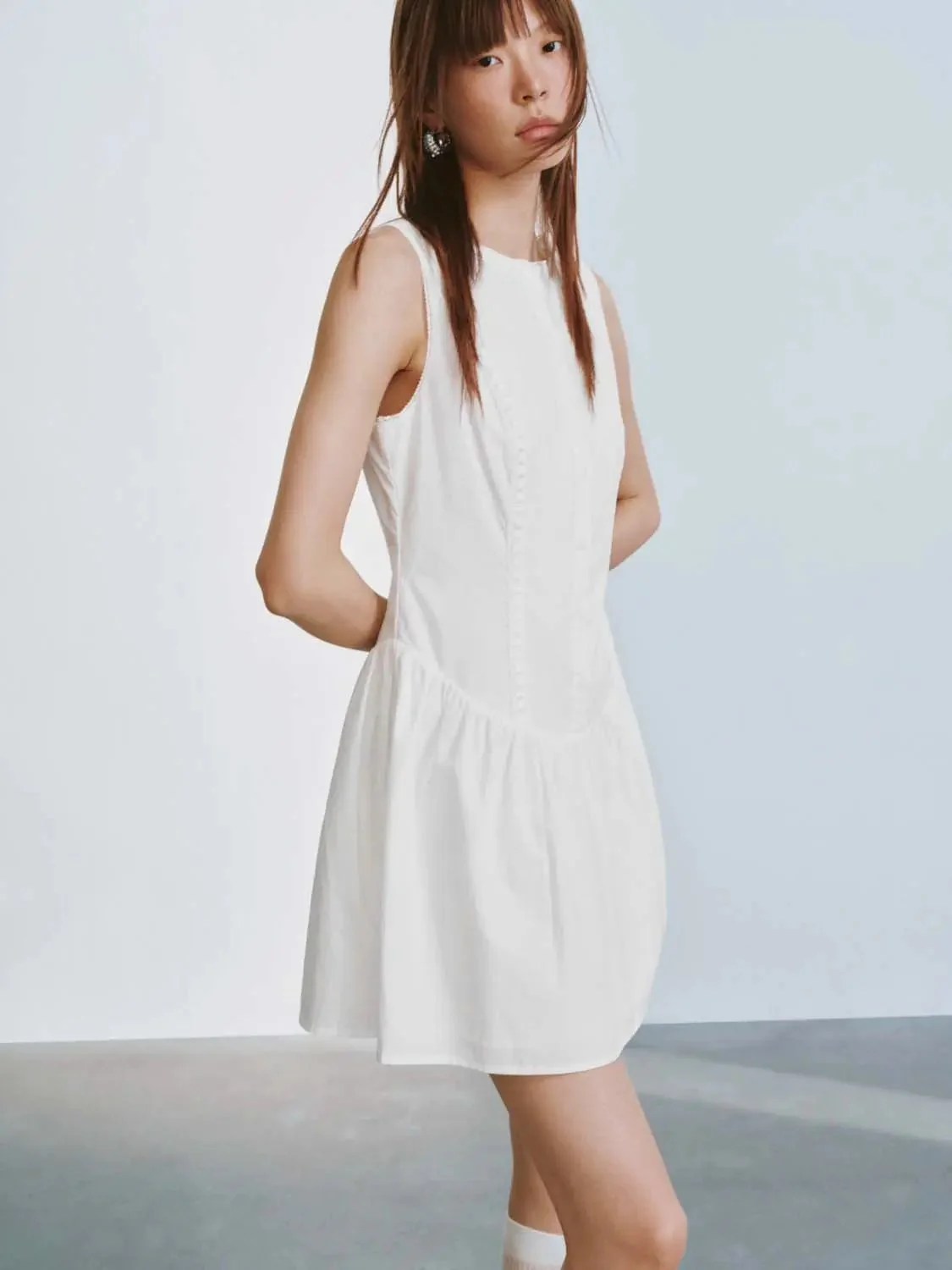 Cotton Sleeveless Shirred Boat Neck A Line Mini Dresses