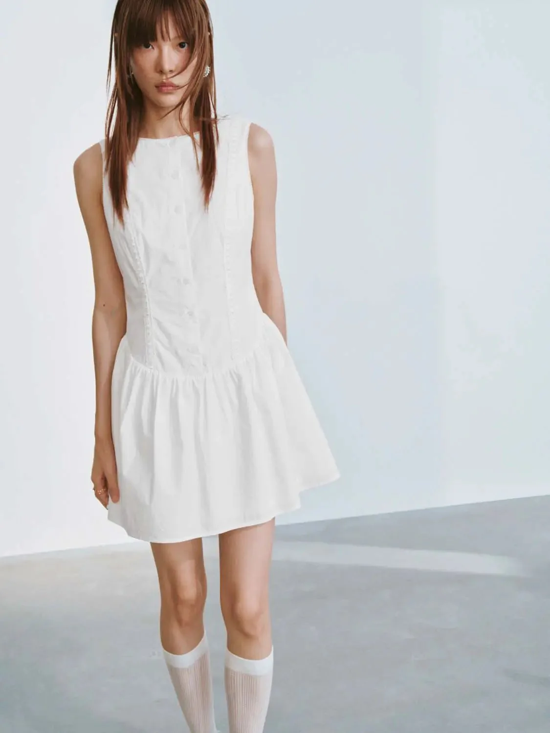 Cotton Sleeveless Shirred Boat Neck A Line Mini Dresses