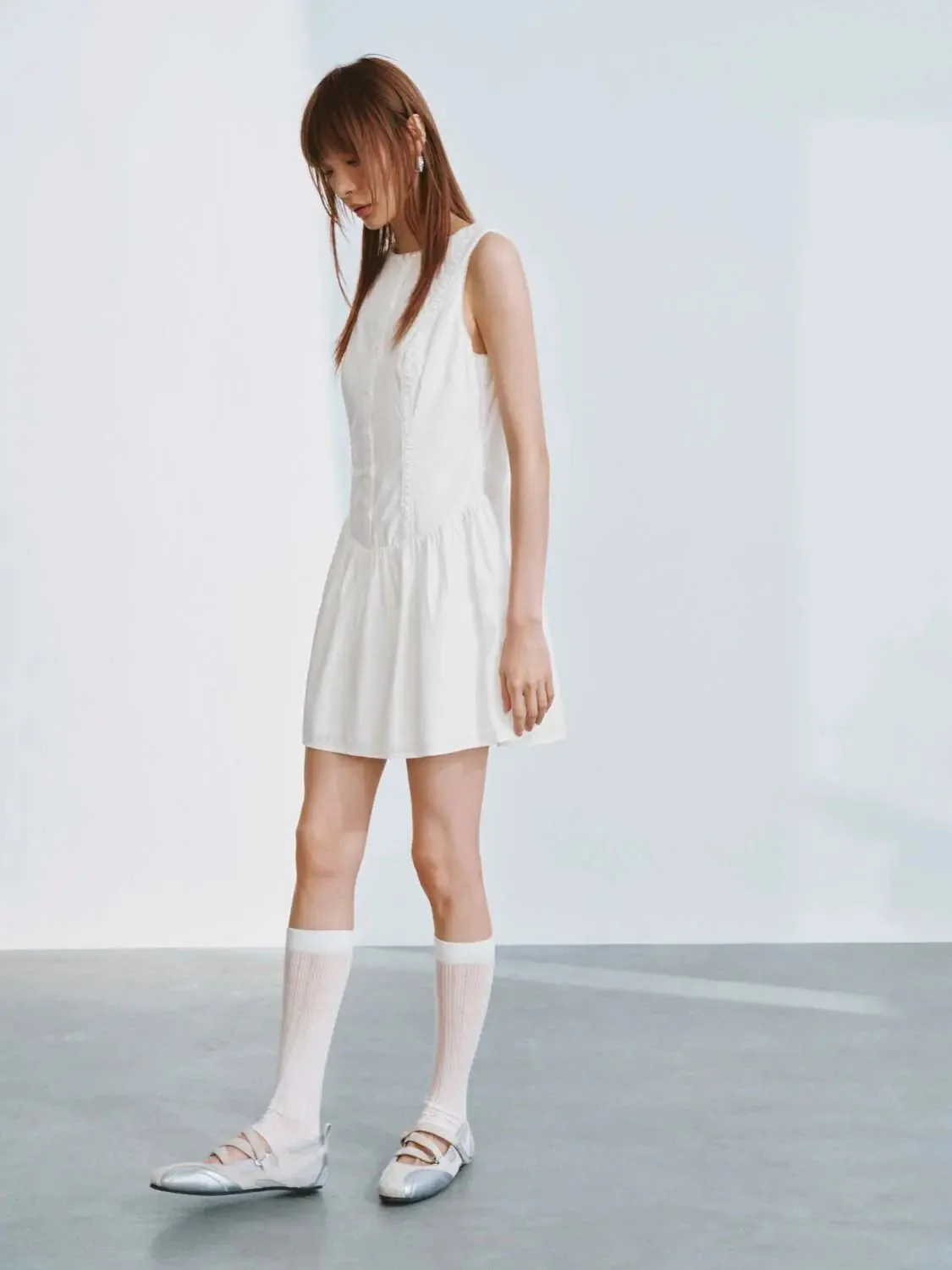 Cotton Sleeveless Shirred Boat Neck A Line Mini Dresses