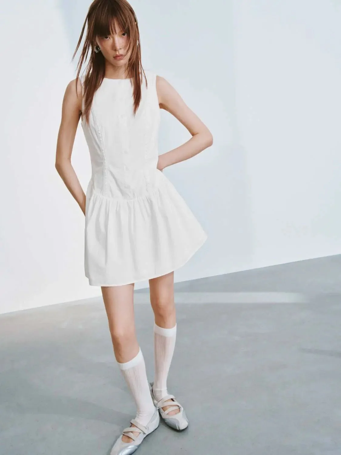Cotton Sleeveless Shirred Boat Neck A Line Mini Dresses