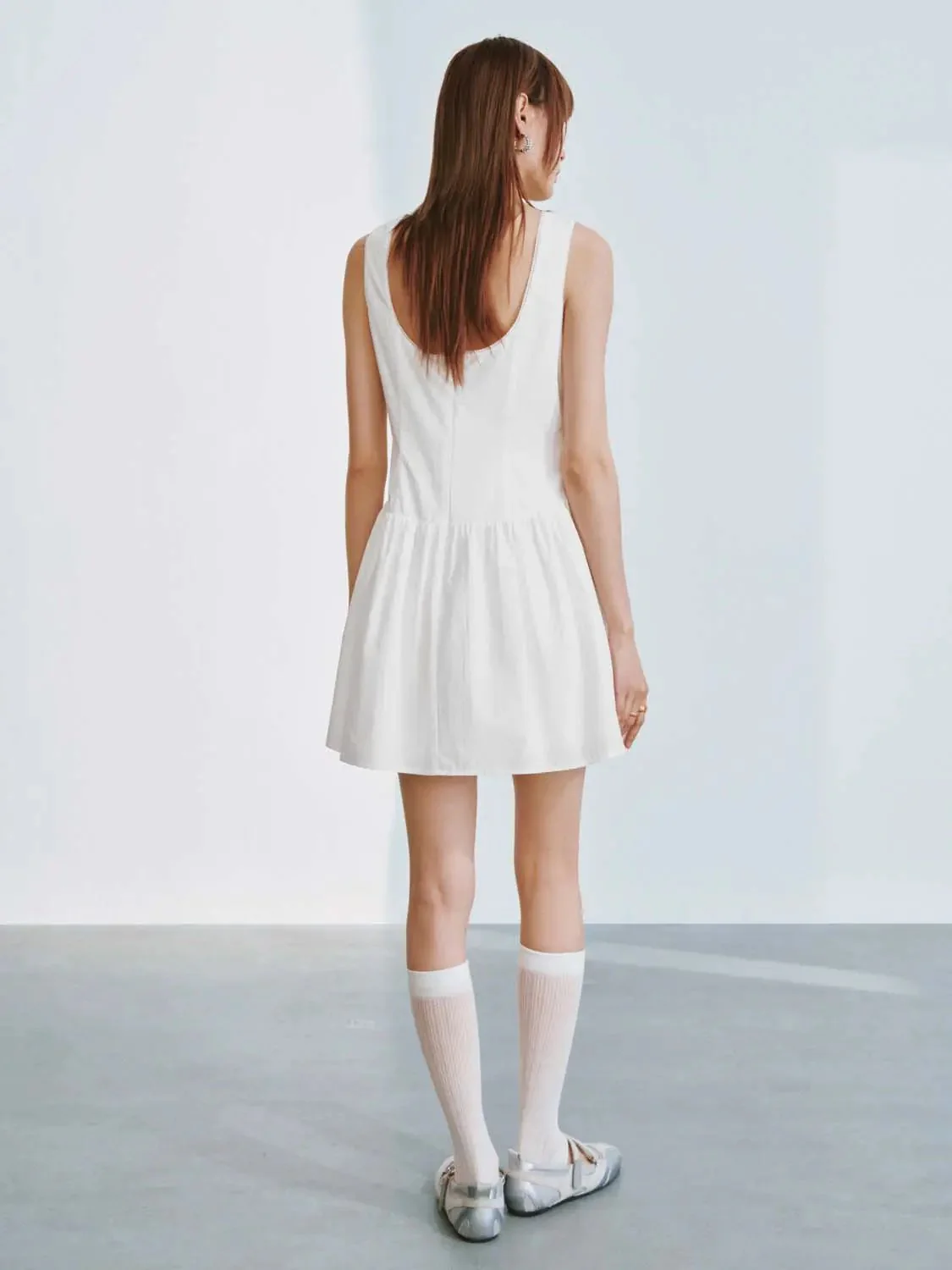Cotton Sleeveless Shirred Boat Neck A Line Mini Dresses
