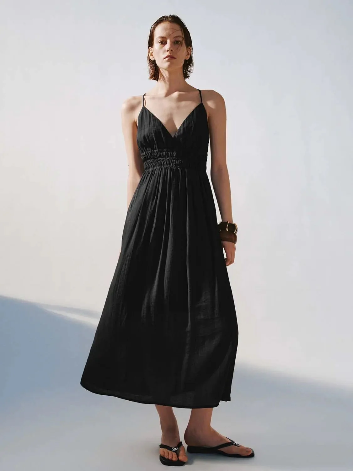 Elegant Black Strappy Smocked Waist Maxi Dresses