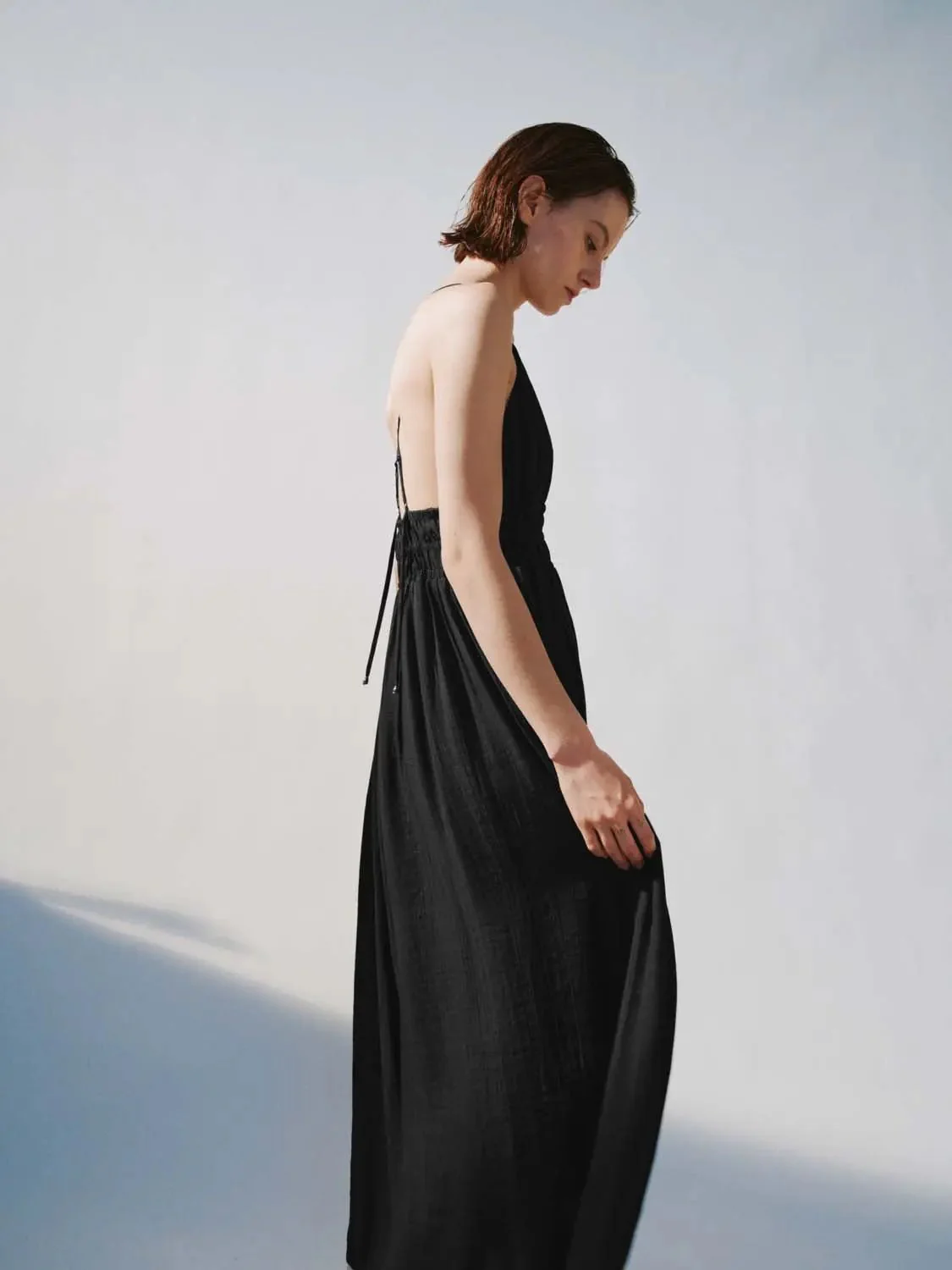 Elegant Black Strappy Smocked Waist Maxi Dresses