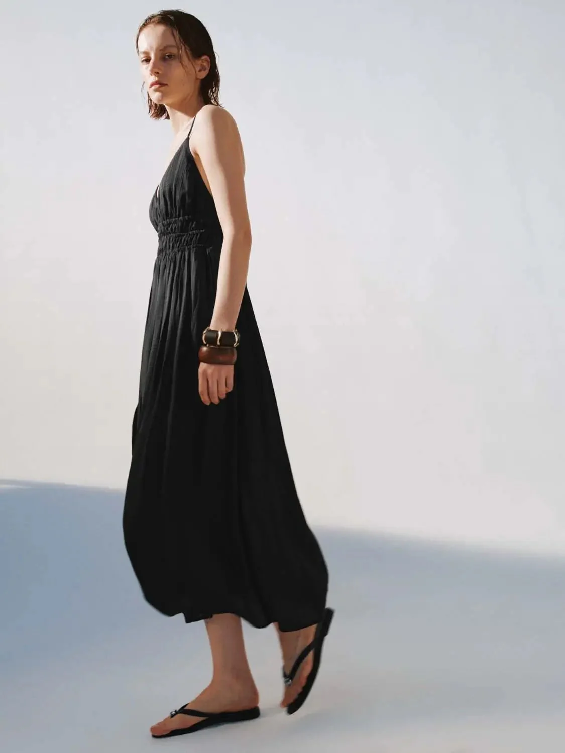 Elegant Black Strappy Smocked Waist Maxi Dresses