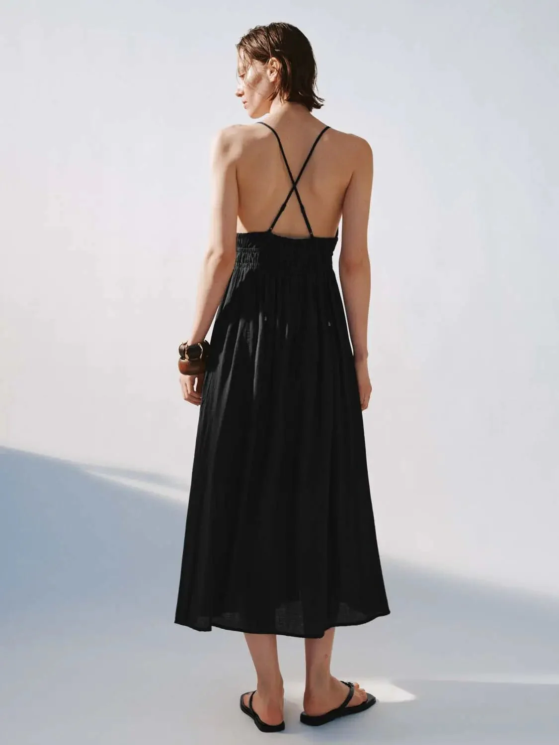 Elegant Black Strappy Smocked Waist Maxi Dresses